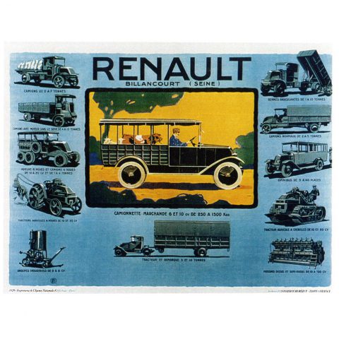 Affiche Renault Billancourt (Seine) gamme des véhicules et produits - 1925